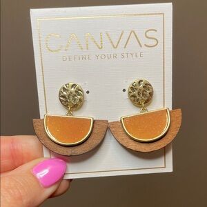 CANVAS Gold & Orange Wood Half-Moon Statement Earrings